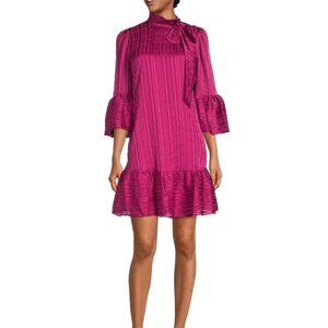 Calvin Klein Mock Tie Neck Dress Women's Size 2 Pink Chiffon Flowy Bell Sleeve